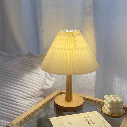 Contemporary Scandinavian Pleated Fan Round Fabric Solid Wood 1-Light Table Lamp For Living Room