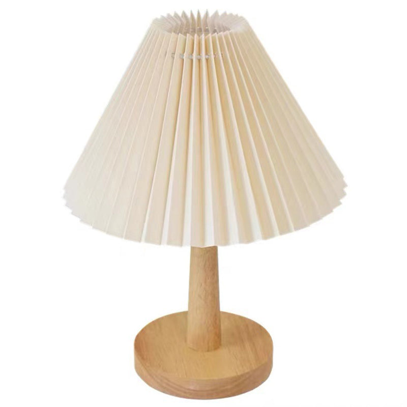 Contemporary Scandinavian Pleated Fan Round Fabric Solid Wood 1-Light Table Lamp For Living Room