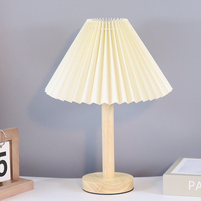 Contemporary Scandinavian Pleated Fan Round Fabric Solid Wood 1-Light Table Lamp For Living Room