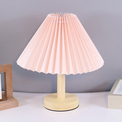 Contemporary Scandinavian Pleated Fan Round Fabric Solid Wood 1-Light Table Lamp For Living Room