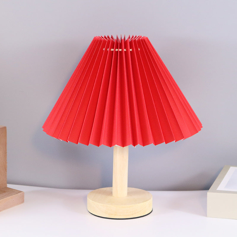 Contemporary Scandinavian Pleated Fan Round Fabric Solid Wood 1-Light Table Lamp For Living Room
