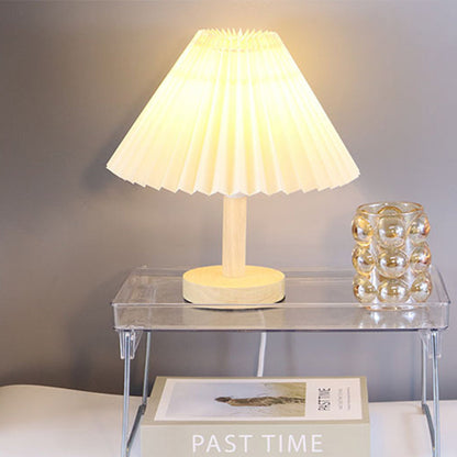 Contemporary Scandinavian Pleated Fan Round Fabric Solid Wood 1-Light Table Lamp For Living Room