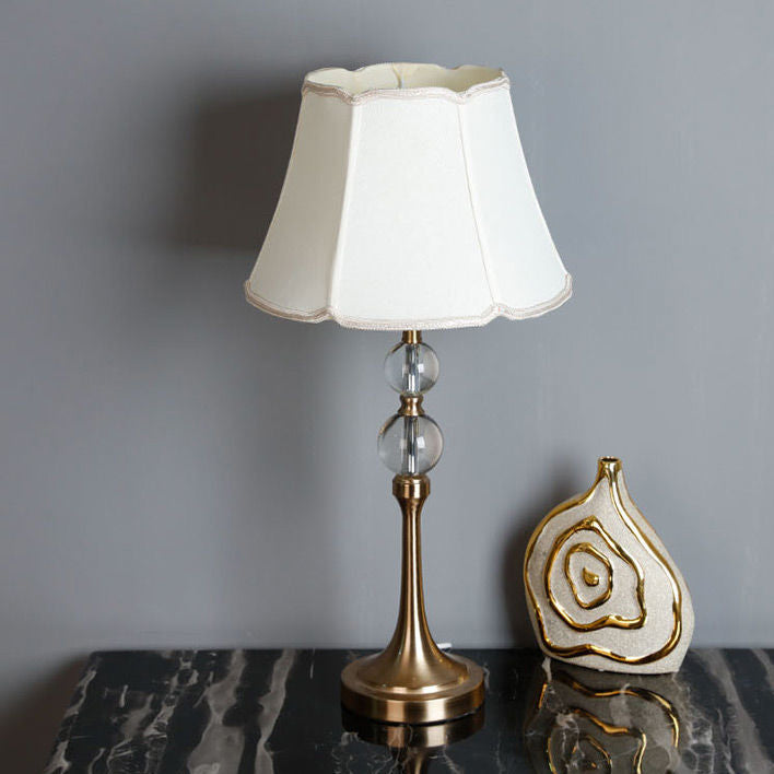 Traditional Chinese Lace Round Orb Fabric Brass 1-Light Table Lamp For Living Room