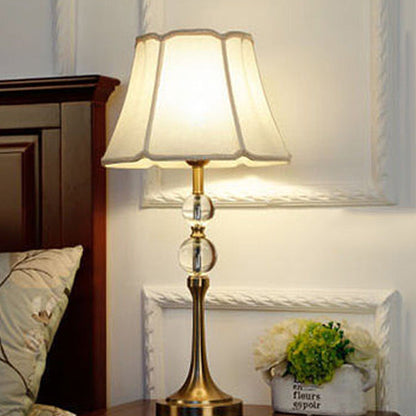 Traditional Chinese Lace Round Orb Fabric Brass 1-Light Table Lamp For Living Room
