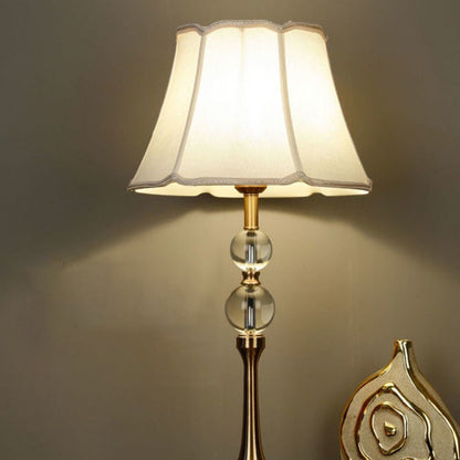 Traditional Chinese Lace Round Orb Fabric Brass 1-Light Table Lamp For Living Room
