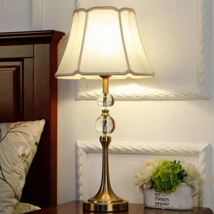 Traditional Chinese Lace Round Orb Fabric Brass 1-Light Table Lamp For Living Room