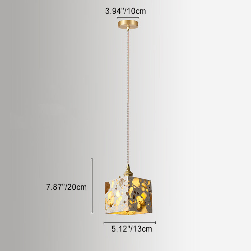 Traditional Japanese Skeleton Tapered Square Cement Marble Copper 1-Light Pendant Light For Living Room