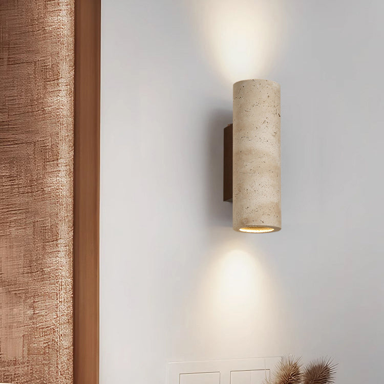 Traditional Japanese Rectangle Cylinder Hollowed Out Yellow Travertine Solid Wood 2-Light Wall Sconce Lamp For Bedroom