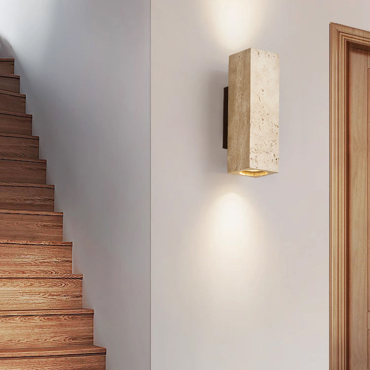 Traditional Japanese Rectangle Cylinder Hollowed Out Yellow Travertine Solid Wood 2-Light Wall Sconce Lamp For Bedroom