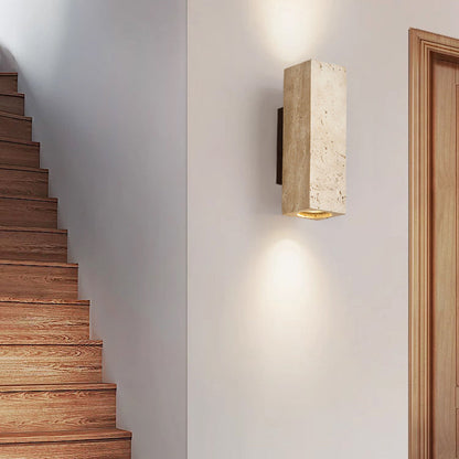 Traditional Japanese Rectangle Cylinder Hollowed Out Yellow Travertine Solid Wood 2-Light Wall Sconce Lamp For Bedroom