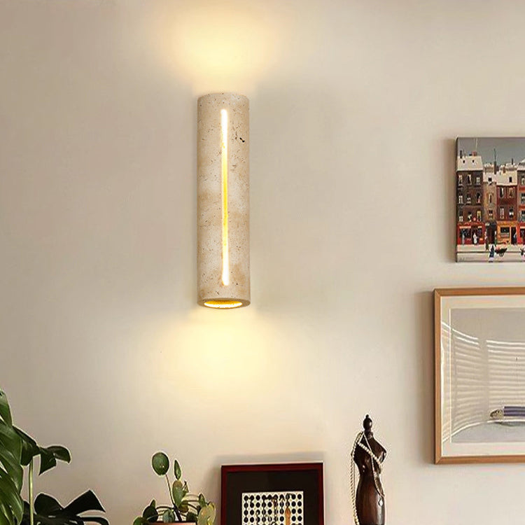 Traditional Japanese Rectangle Cylinder Hollowed Out Yellow Travertine Solid Wood 2-Light Wall Sconce Lamp For Bedroom
