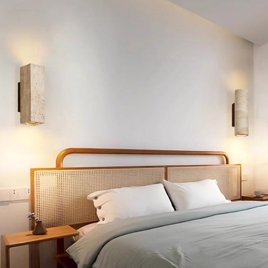 Traditional Japanese Rectangle Cylinder Hollowed Out Yellow Travertine Solid Wood 2-Light Wall Sconce Lamp For Bedroom