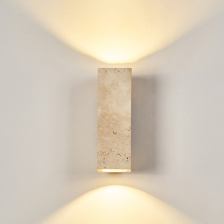 Traditional Japanese Rectangle Cylinder Hollowed Out Yellow Travertine Solid Wood 2-Light Wall Sconce Lamp For Bedroom