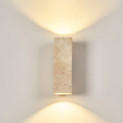 Traditional Japanese Rectangle Cylinder Hollowed Out Yellow Travertine Solid Wood 2-Light Wall Sconce Lamp For Bedroom