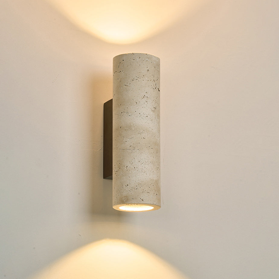 Traditional Japanese Rectangle Cylinder Hollowed Out Yellow Travertine Solid Wood 2-Light Wall Sconce Lamp For Bedroom