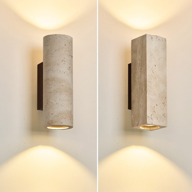 Traditional Japanese Rectangle Cylinder Hollowed Out Yellow Travertine Solid Wood 2-Light Wall Sconce Lamp For Bedroom