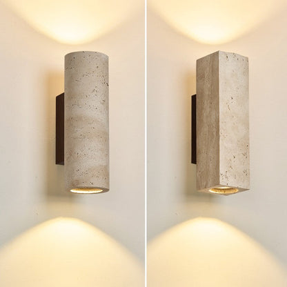 Traditional Japanese Rectangle Cylinder Hollowed Out Yellow Travertine Solid Wood 2-Light Wall Sconce Lamp For Bedroom