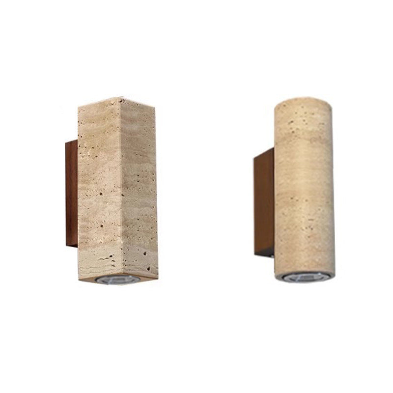 Traditional Japanese Rectangle Cylinder Hollowed Out Yellow Travertine Solid Wood 2-Light Wall Sconce Lamp For Bedroom