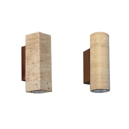 Traditional Japanese Rectangle Cylinder Hollowed Out Yellow Travertine Solid Wood 2-Light Wall Sconce Lamp For Bedroom