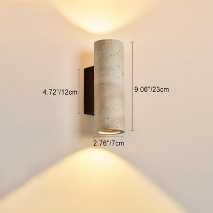 Traditional Japanese Rectangle Cylinder Hollowed Out Yellow Travertine Solid Wood 2-Light Wall Sconce Lamp For Bedroom