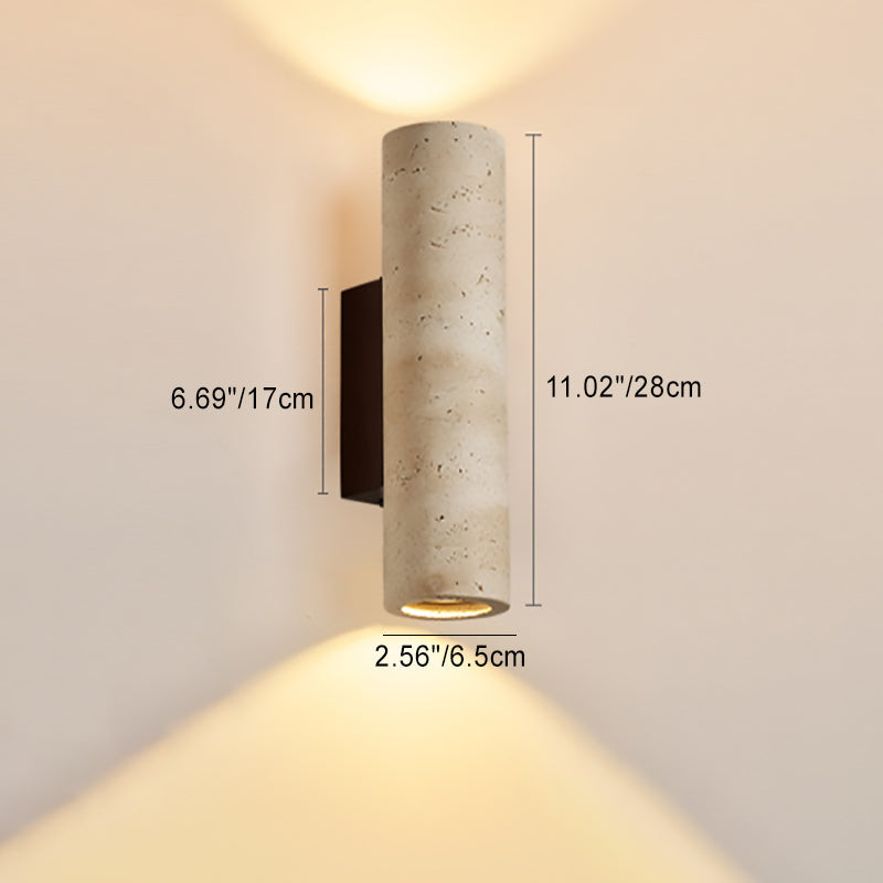 Traditional Japanese Rectangle Cylinder Hollowed Out Yellow Travertine Solid Wood 2-Light Wall Sconce Lamp For Bedroom