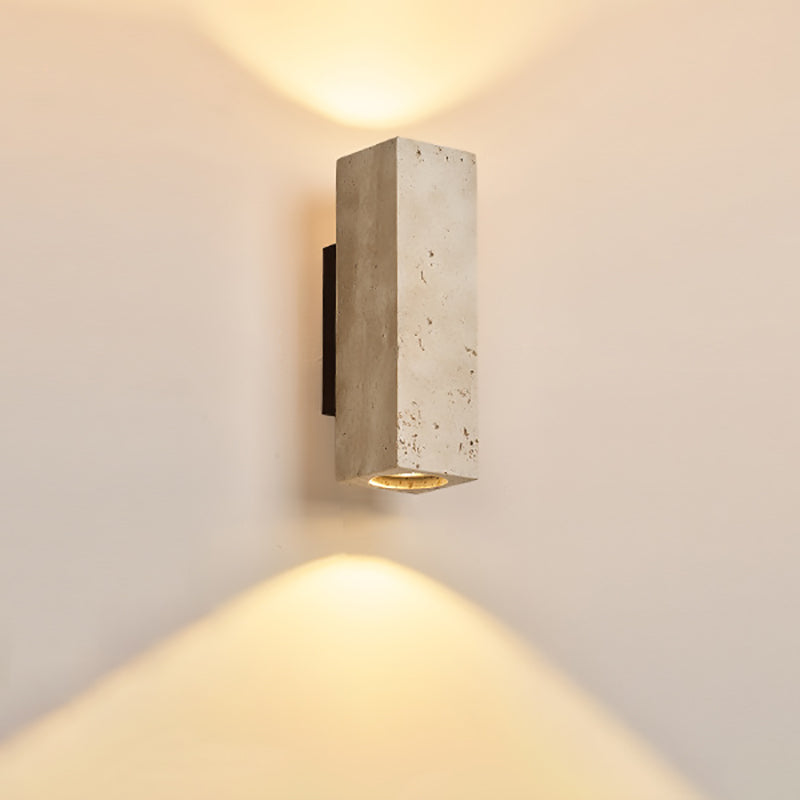 Traditional Japanese Rectangle Cylinder Hollowed Out Yellow Travertine Solid Wood 2-Light Wall Sconce Lamp For Bedroom
