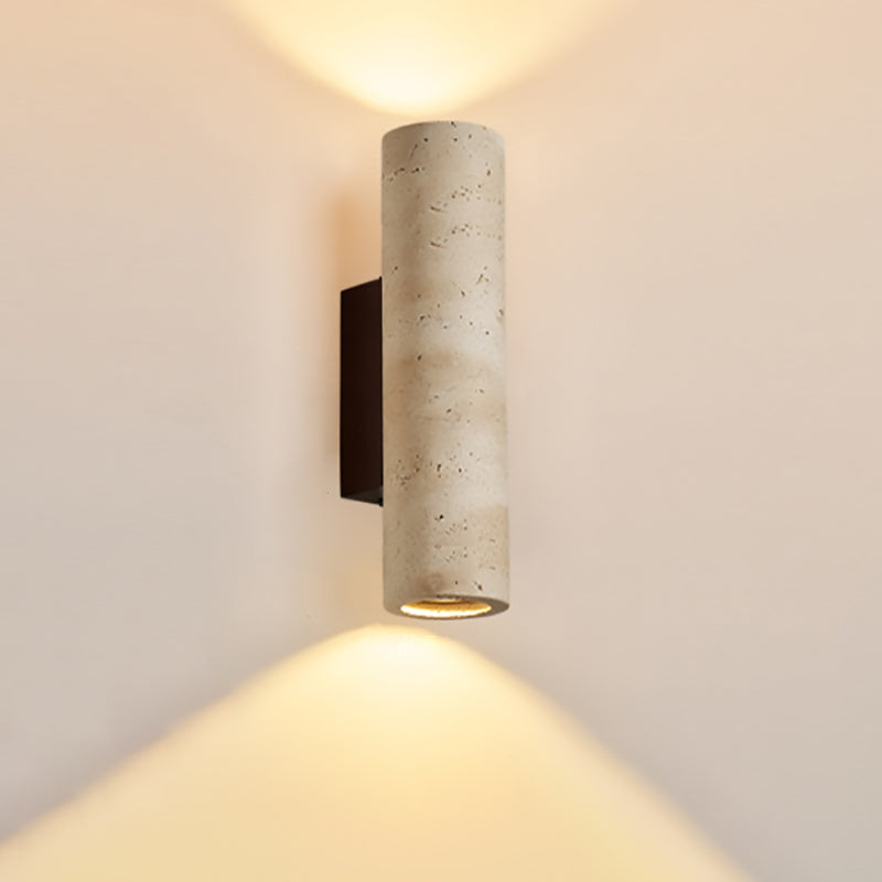 Traditional Japanese Rectangle Cylinder Hollowed Out Yellow Travertine Solid Wood 2-Light Wall Sconce Lamp For Bedroom