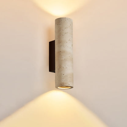 Traditional Japanese Rectangle Cylinder Hollowed Out Yellow Travertine Solid Wood 2-Light Wall Sconce Lamp For Bedroom