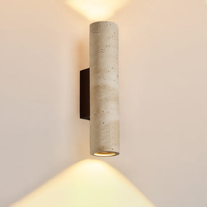 Traditional Japanese Rectangle Cylinder Hollowed Out Yellow Travertine Solid Wood 2-Light Wall Sconce Lamp For Bedroom