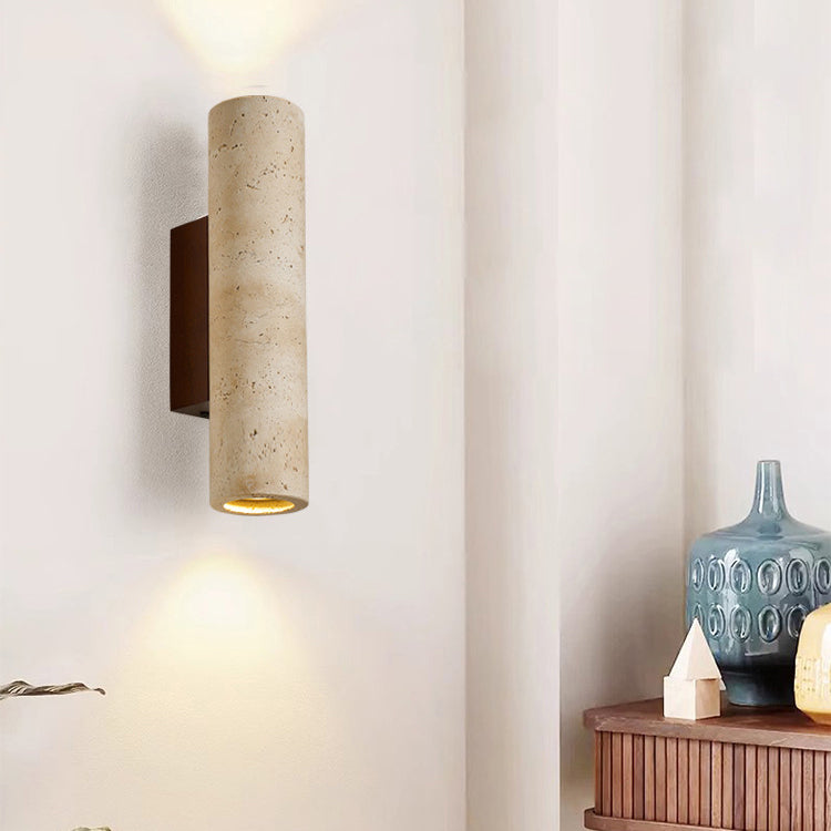 Traditional Japanese Rectangle Cylinder Hollowed Out Yellow Travertine Solid Wood 2-Light Wall Sconce Lamp For Bedroom