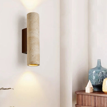 Traditional Japanese Rectangle Cylinder Hollowed Out Yellow Travertine Solid Wood 2-Light Wall Sconce Lamp For Bedroom