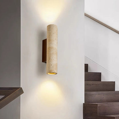 Traditional Japanese Rectangle Cylinder Hollowed Out Yellow Travertine Solid Wood 2-Light Wall Sconce Lamp For Bedroom