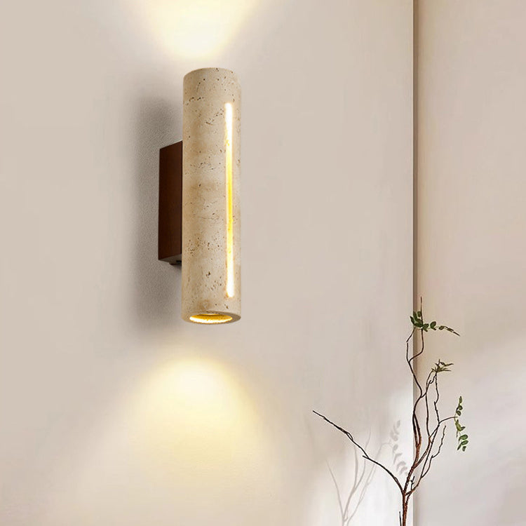 Traditional Japanese Rectangle Cylinder Hollowed Out Yellow Travertine Solid Wood 2-Light Wall Sconce Lamp For Bedroom