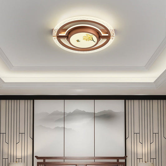 Traditional Chinese Round Square Rectangle Lotus Acrylic Iron Aluminum LED Flush Mount Ceiling Light For Bedroom