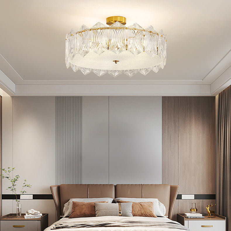 Traditional French Leaf Hexagon Round Glass Hardware 5/6/8 Light Semi-Flush Mount Ceiling Light For Bedroom