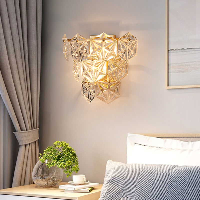 Modern Luxury Prismatic Stacked Crystal Brass 3-Light Wall Sconce Lamp For Bedroom