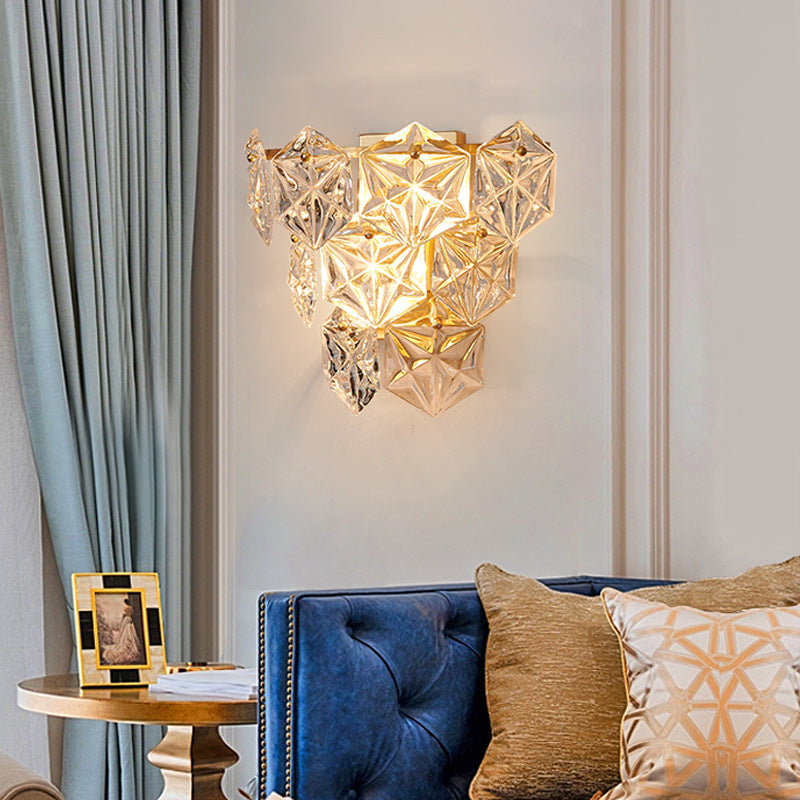 Modern Luxury Prismatic Stacked Crystal Brass 3-Light Wall Sconce Lamp For Bedroom