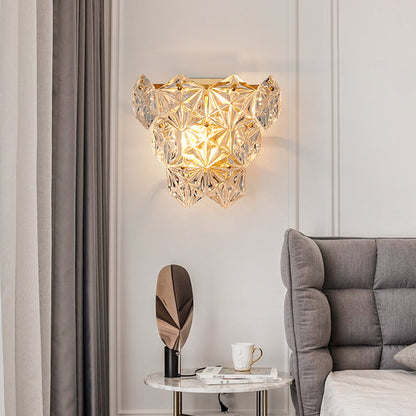 Modern Luxury Prismatic Stacked Crystal Brass 3-Light Wall Sconce Lamp For Bedroom