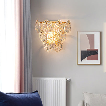 Modern Luxury Prismatic Stacked Crystal Brass 3-Light Wall Sconce Lamp For Bedroom