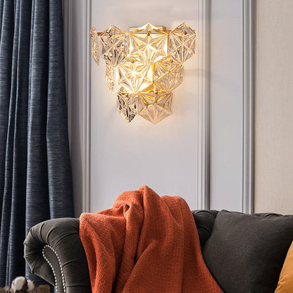 Modern Luxury Prismatic Stacked Crystal Brass 3-Light Wall Sconce Lamp For Bedroom