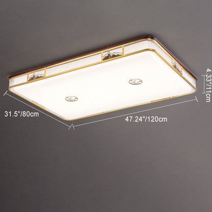 Traditional Chinese Square Rectangle Pattern Acrylic Iron Copper LED Flush Mount Ceiling Light For Living Room