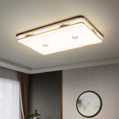 Traditional Chinese Square Rectangle Pattern Acrylic Iron Copper LED Flush Mount Ceiling Light For Living Room