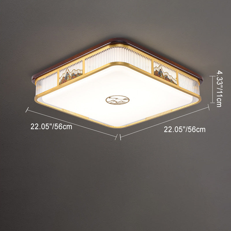 Traditional Chinese Square Rectangle Pattern Acrylic Iron Copper LED Flush Mount Ceiling Light For Living Room