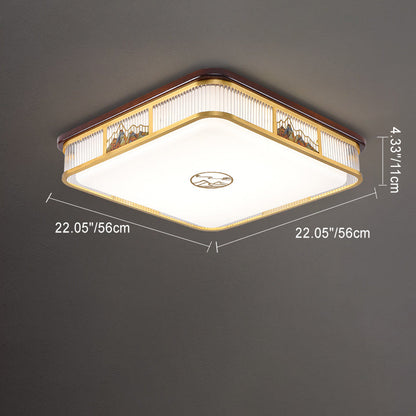 Traditional Chinese Square Rectangle Pattern Acrylic Iron Copper LED Flush Mount Ceiling Light For Living Room