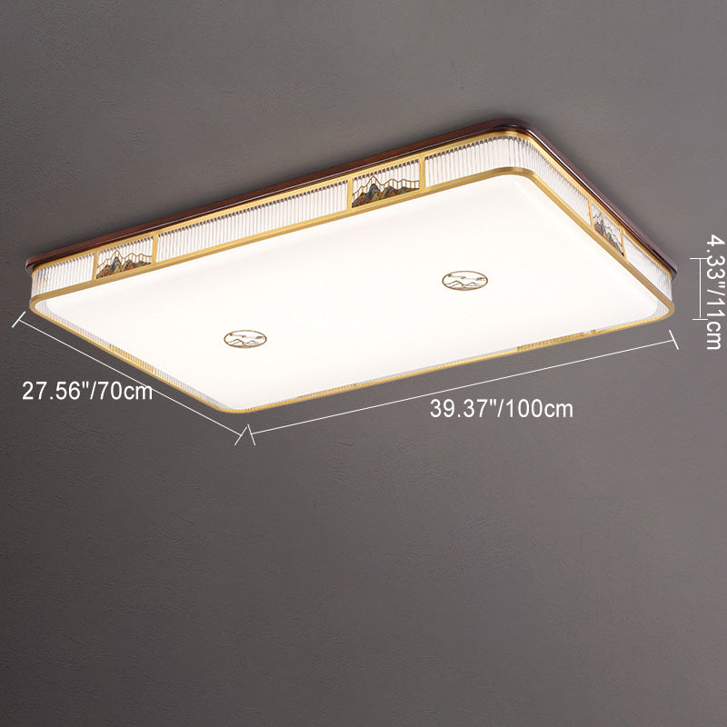 Traditional Chinese Square Rectangle Pattern Acrylic Iron Copper LED Flush Mount Ceiling Light For Living Room