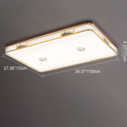 Traditional Chinese Square Rectangle Pattern Acrylic Iron Copper LED Flush Mount Ceiling Light For Living Room
