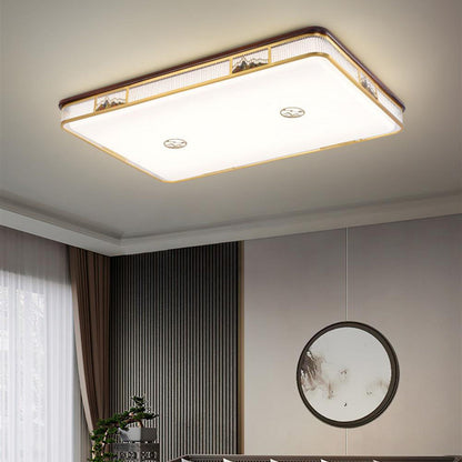 Traditional Chinese Square Rectangle Pattern Acrylic Iron Copper LED Flush Mount Ceiling Light For Living Room