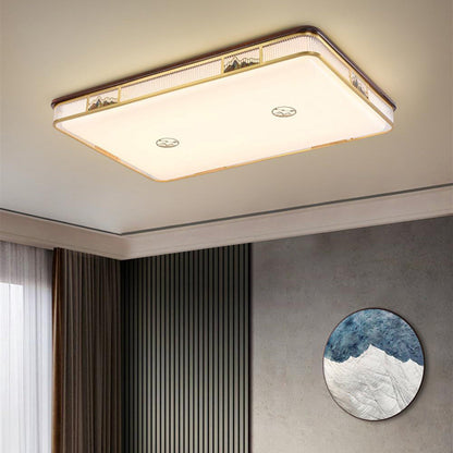 Traditional Chinese Square Rectangle Pattern Acrylic Iron Copper LED Flush Mount Ceiling Light For Living Room