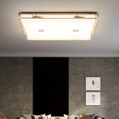 Traditional Chinese Square Rectangle Pattern Acrylic Iron Copper LED Flush Mount Ceiling Light For Living Room