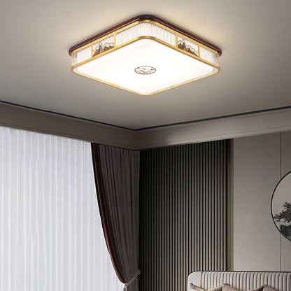 Traditional Chinese Square Rectangle Pattern Acrylic Iron Copper LED Flush Mount Ceiling Light For Living Room